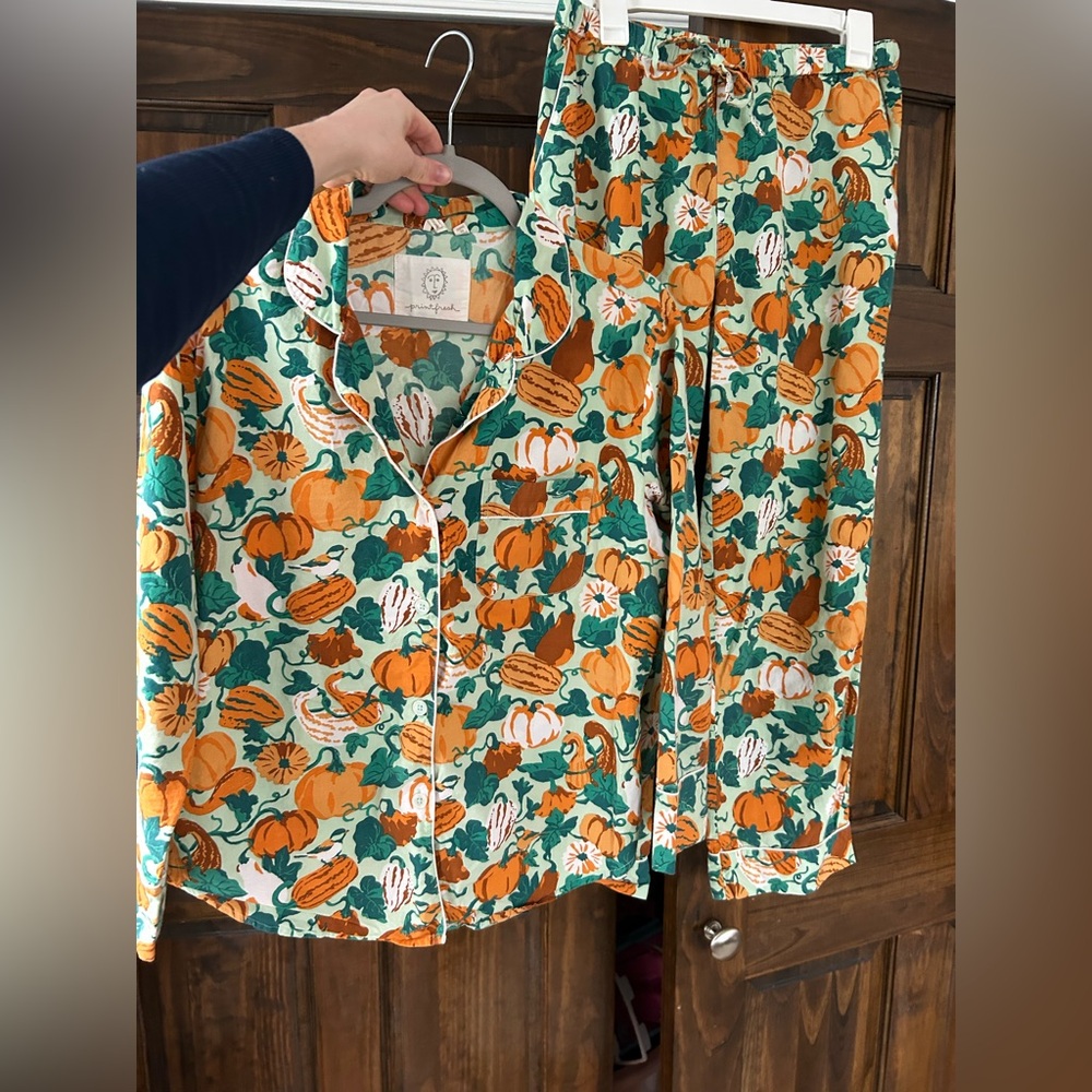 Printfresh Women's Pumpkin Garden Pajama Set in Mint, Orange & Green RARE